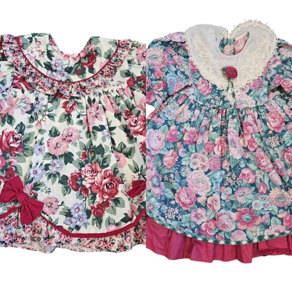 2 Vintage 90s Girls 18 Month 2T Floral Party Dresses Layered‎ Pink Collar Formal - Picture 1 of 14